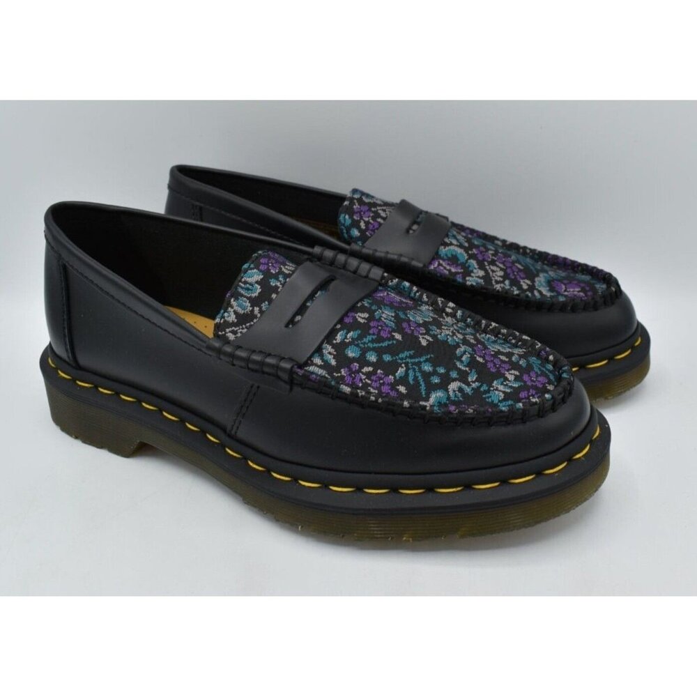 Dr Martens Womens Size 8 Penton Floral Jacquard Black Purple Leather Loafers